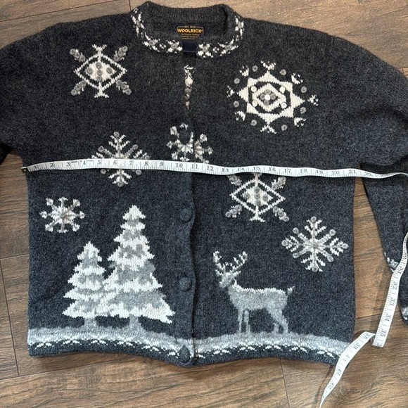 Woolrich Wool Cardigan Winter Snowflakes Deer Charcoal Gray White Large - Picture 13 of 15